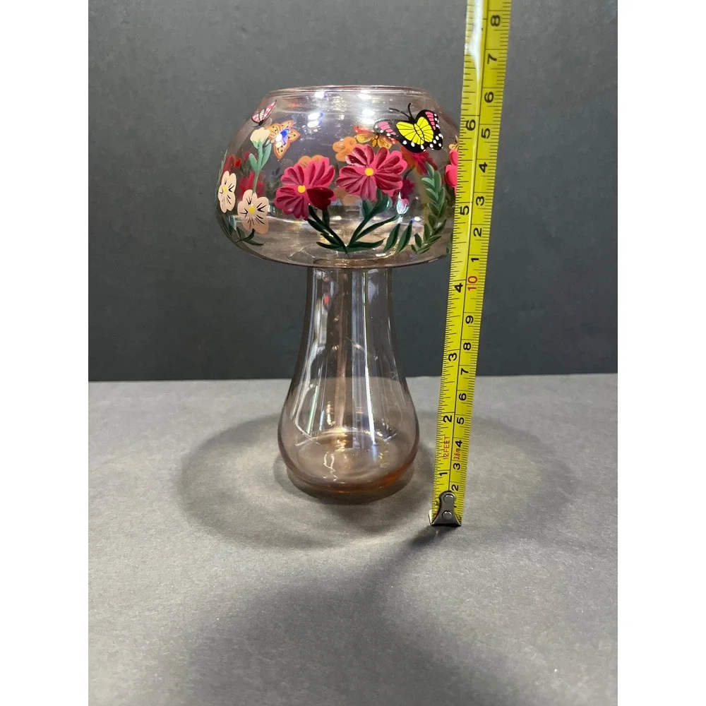 Hand Painted Glass Mushroom Vase Smoky Pink Floral Butterfly Cottagecore 7 Inch